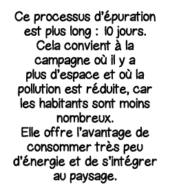 Ce processus d épuration est plus long : 10 jours  Cela convient à la campagne où il y a plus d espace et où la pollu   
